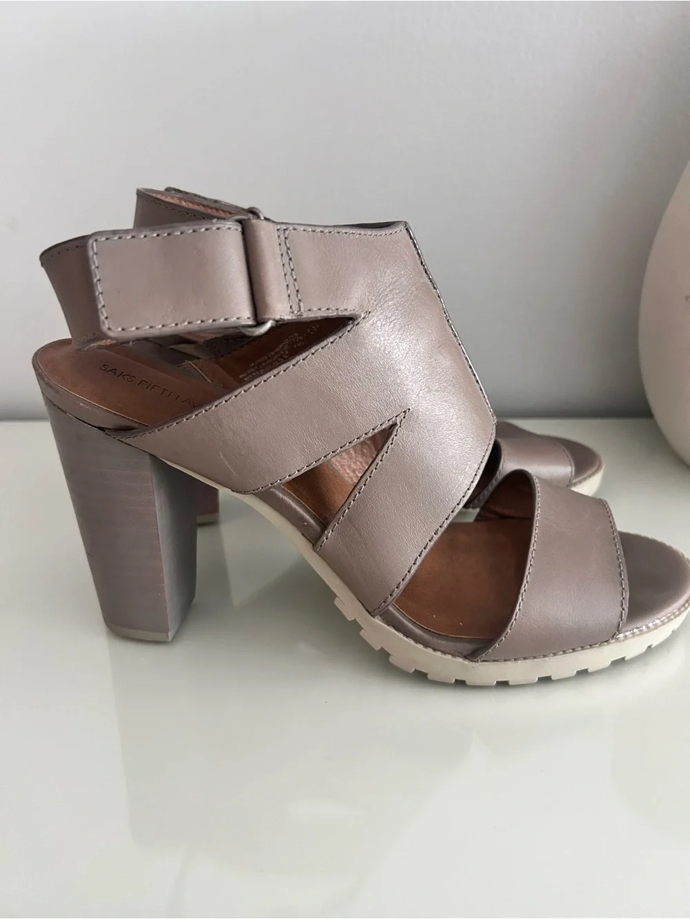 Saks Fifth Avenue Taupe Leather Block Heel Sandals